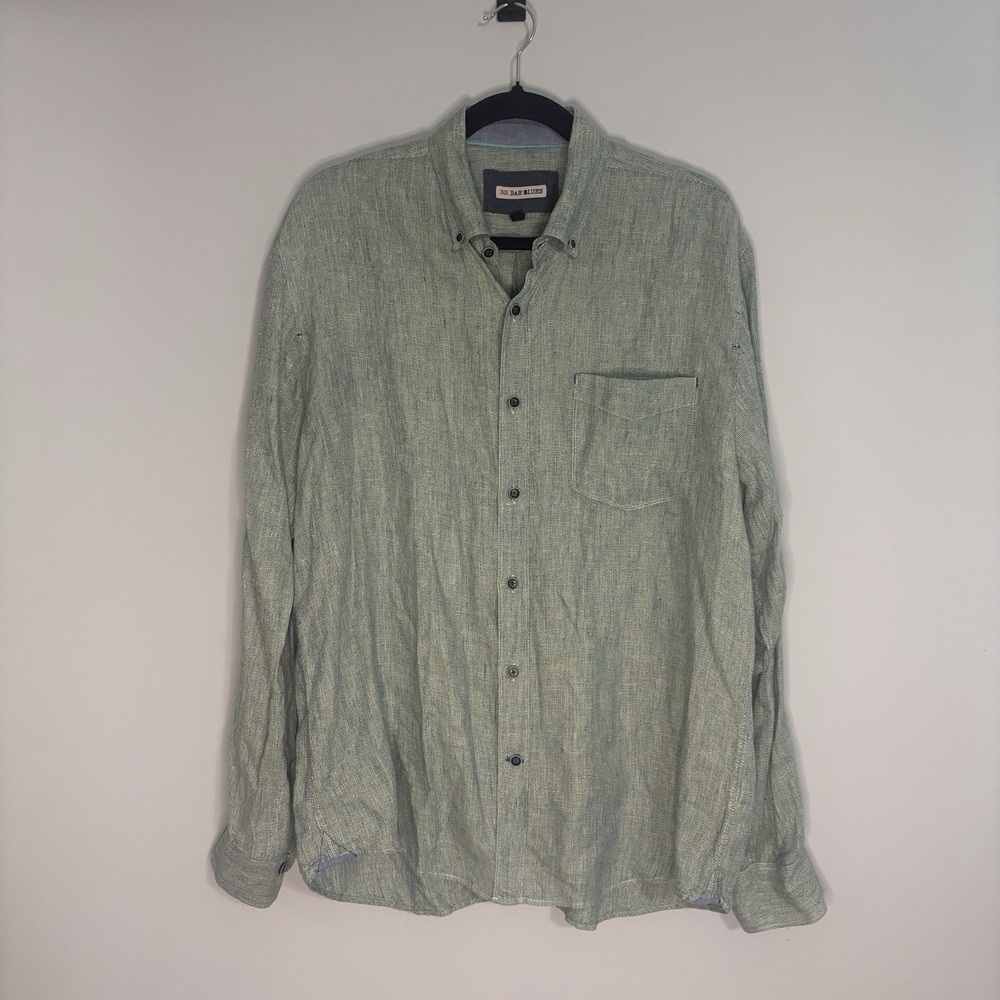 32 Bar Blues Shirt Mens Large 100% Linen Space Dyed Green Blue Melange L/S